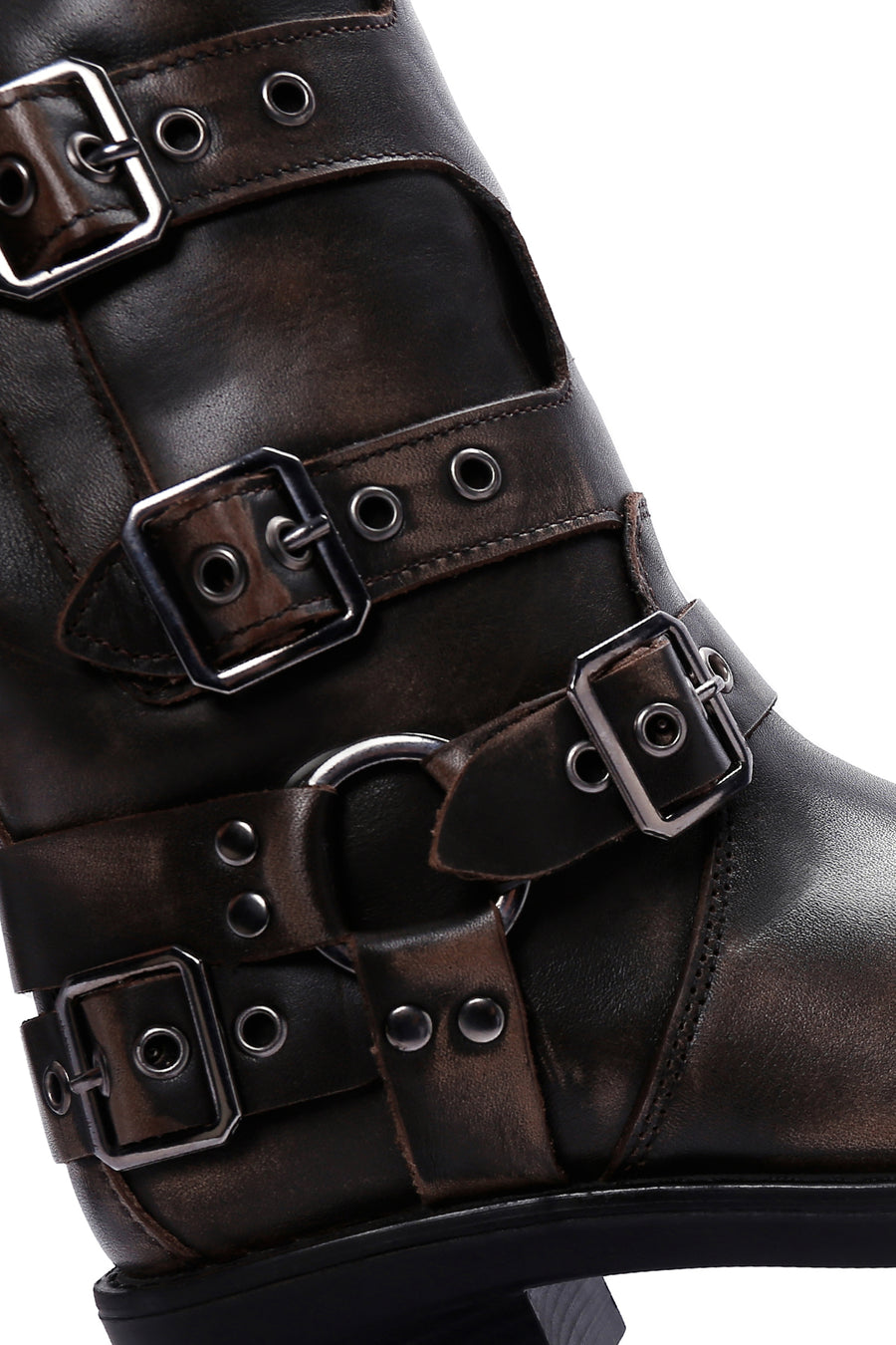 Women's Gray Buckle Biker Leather Boots