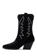 Women's Black Stone Leather Cowboy Boots | Derimod