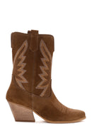 Women's Brown Stone Leather Cowboy Boots | Derimod