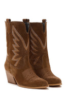 Women's Brown Stone Leather Cowboy Boots | Derimod