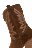 Women's Brown Stone Leather Cowboy Boots | Derimod