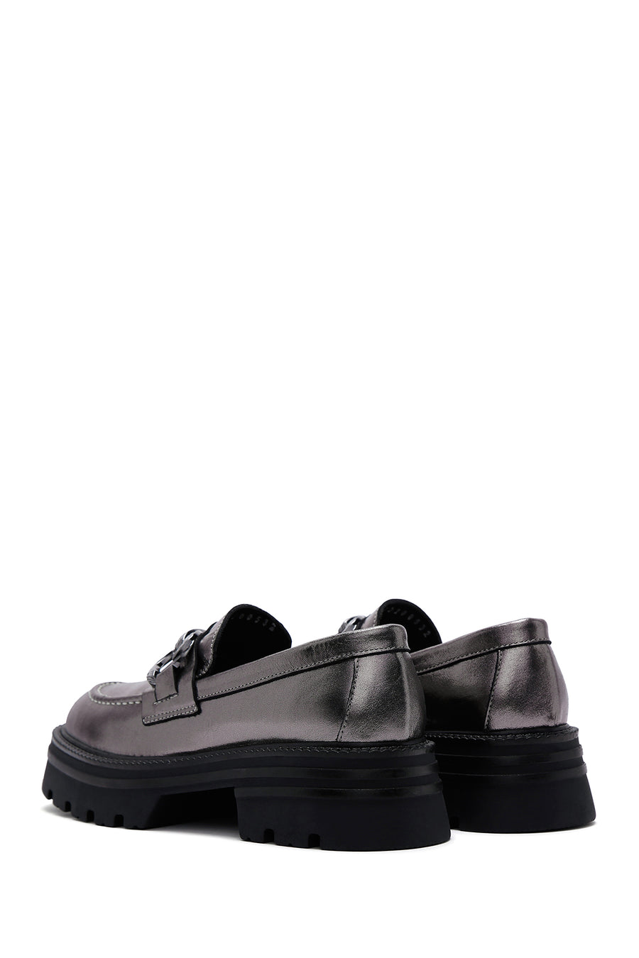 Kadın Gümüş Deri Tokalı Casual Loafer