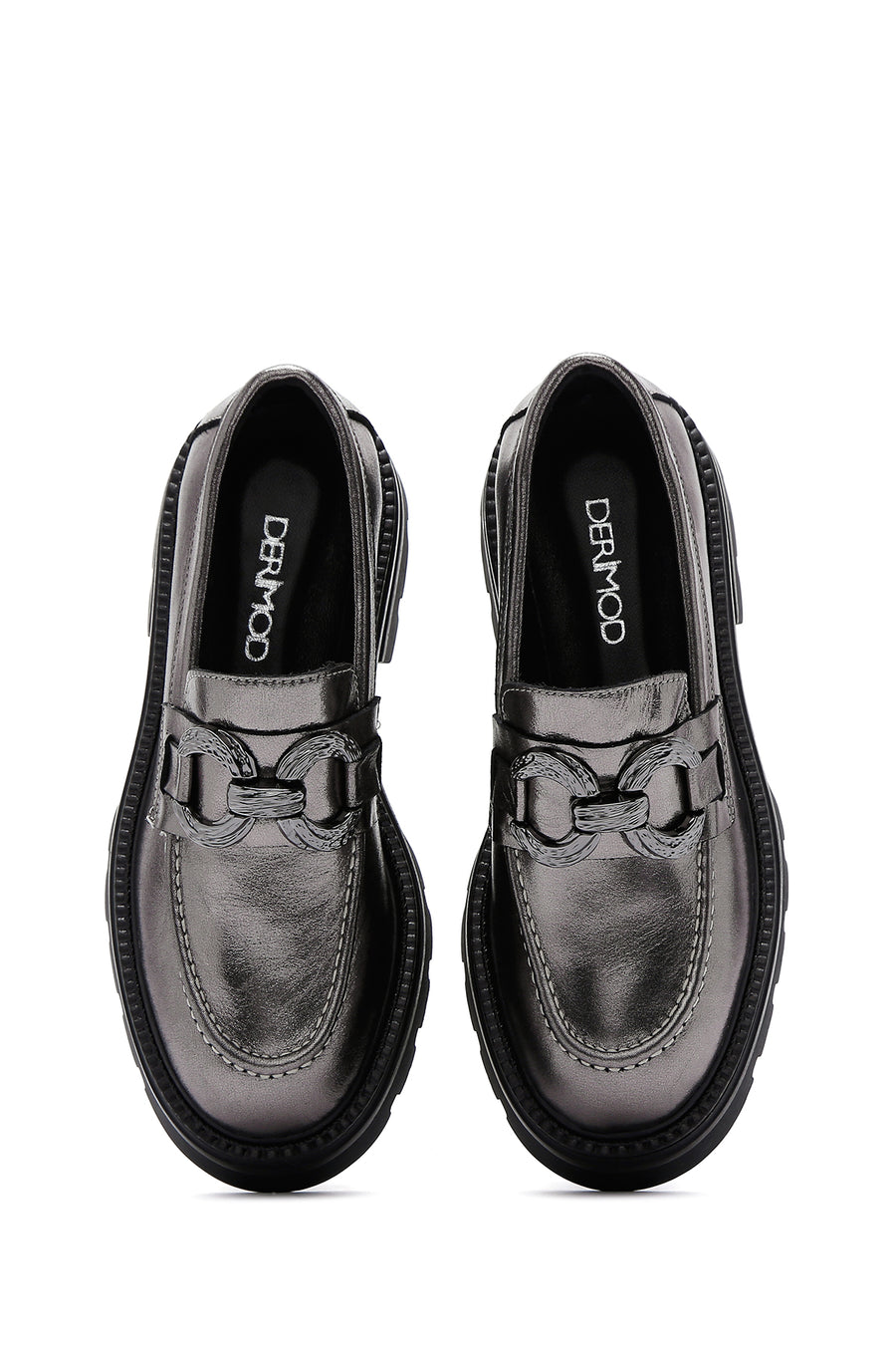 Kadın Gümüş Deri Tokalı Casual Loafer