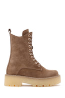 Women's Tan Thick Soled Zippered Suede Leather Boots | Derimod