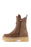Women's Tan Thick Soled Zippered Suede Leather Boots | Derimod