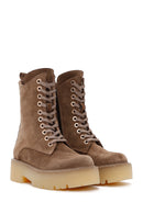 Women's Tan Thick Soled Zippered Suede Leather Boots | Derimod