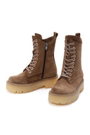 Women's Tan Thick Soled Zippered Suede Leather Boots | Derimod