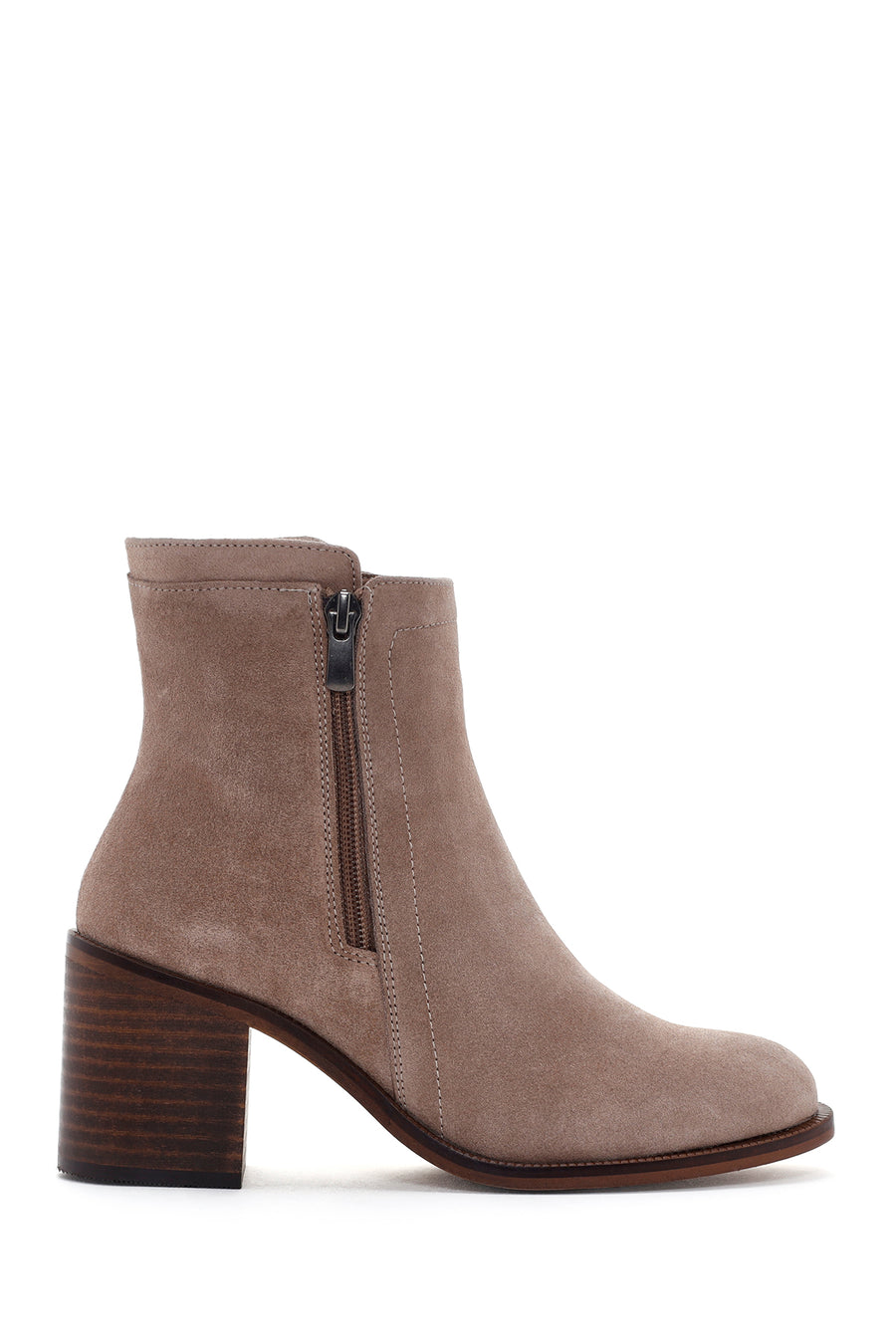 Women's Beige Thick Heeled Zippered Suede Leather Boots 23WFD235410 | Derimod