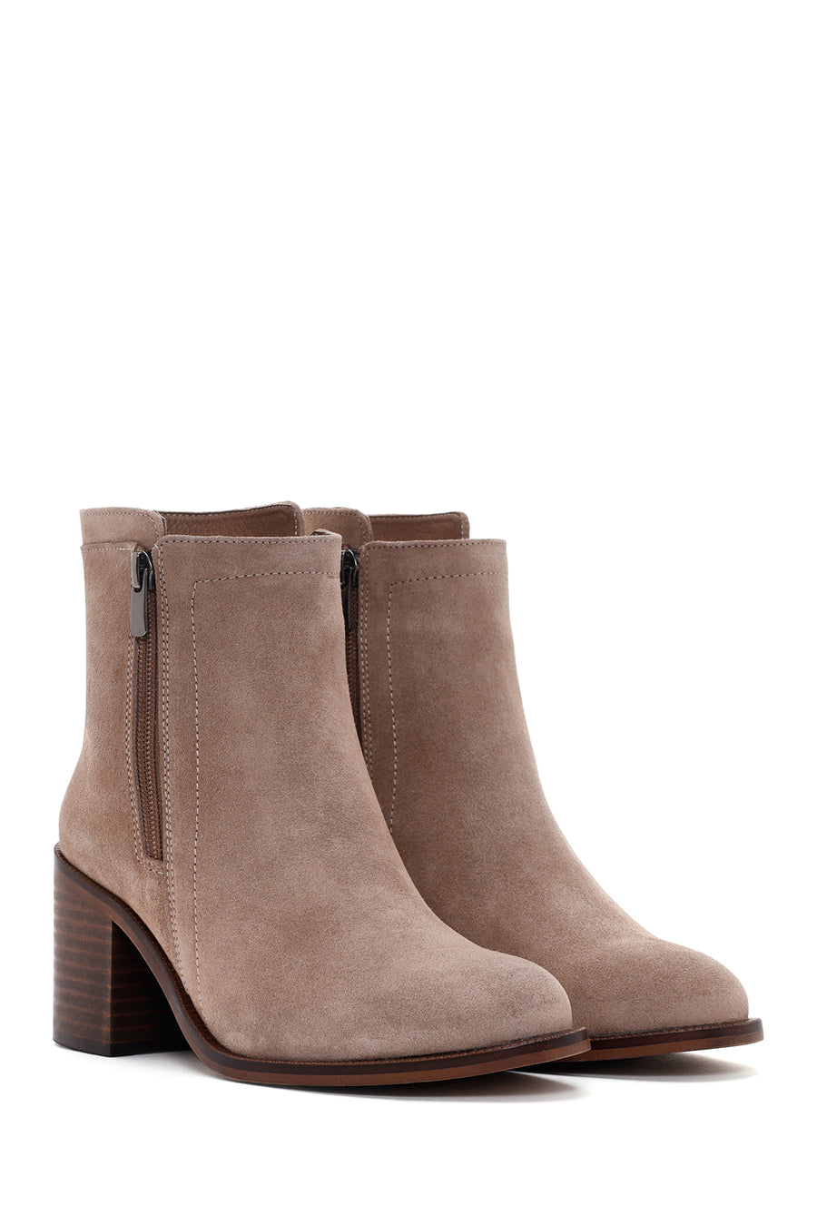 Women's Beige Thick Heeled Zippered Suede Leather Boots
