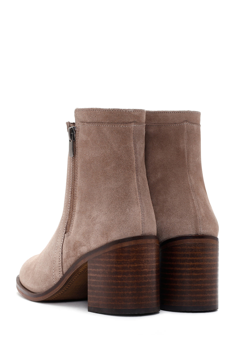 Women's Beige Thick Heeled Zippered Suede Leather Boots