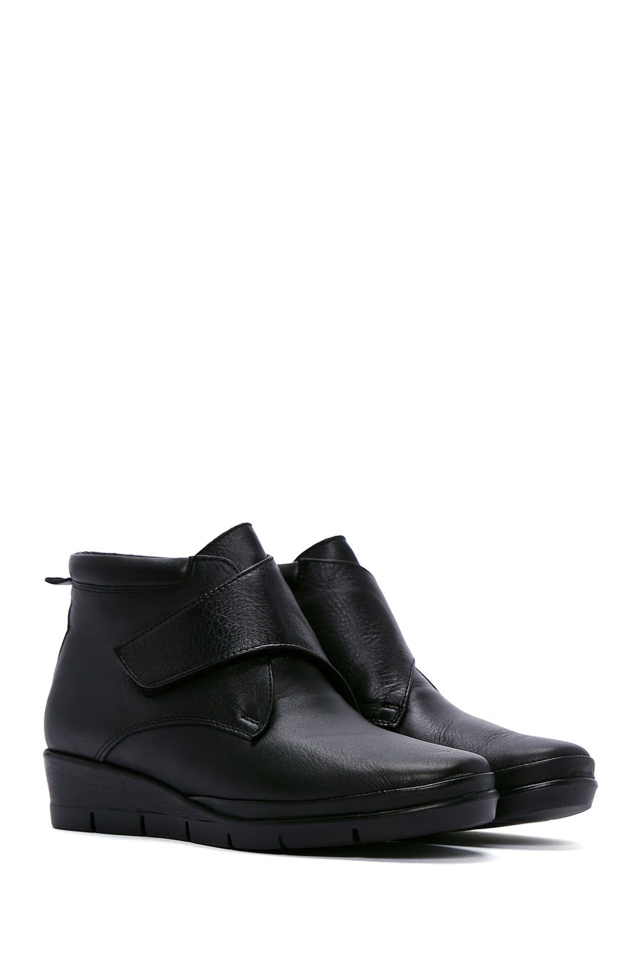 Women's Black Leather Wedge Heeled Boots