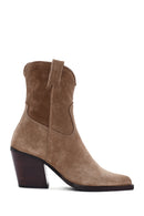 Women's Tan Zippered Suede Leather Cowboy Boots | Derimod