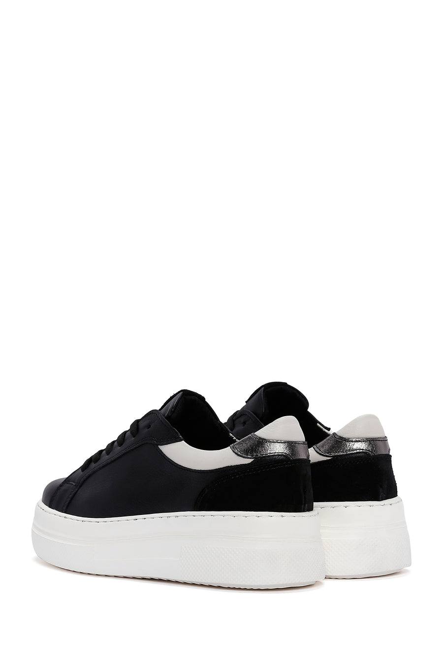 Women's Black Leather Thick Soled Sneaker