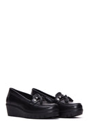 Women's Black Leather Wedge Heeled Loafer | Derimod