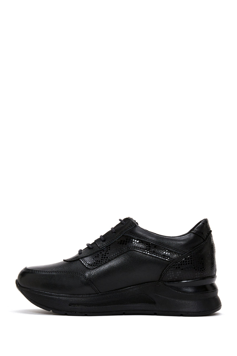 Women's Black Leather Thick Soled Sneaker
