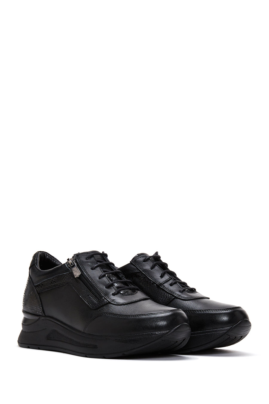 Women's Black Leather Thick Soled Sneaker