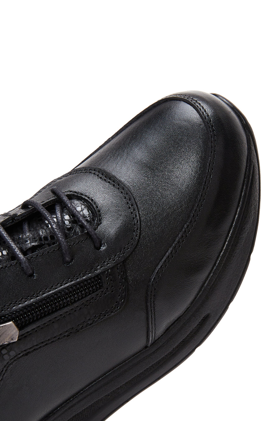 Women's Black Leather Thick Soled Sneaker