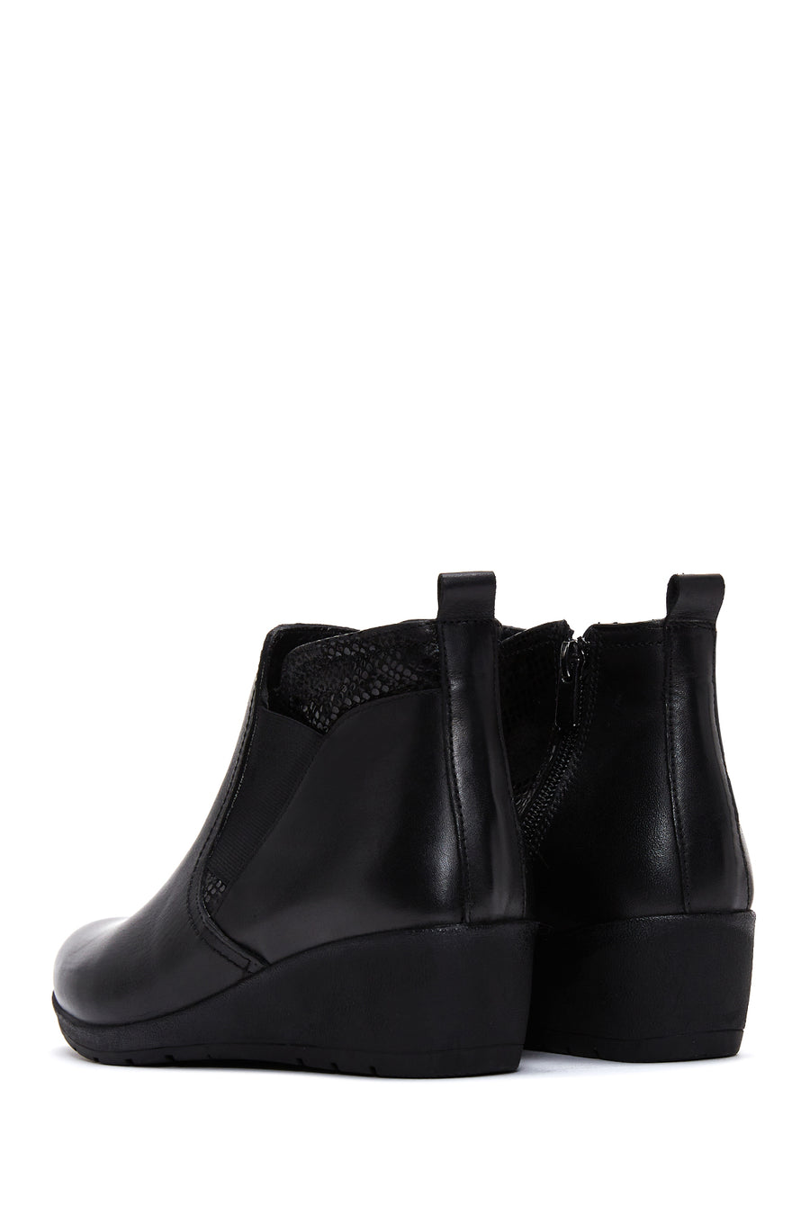 Women's Black Leather Wedge Heel Boots