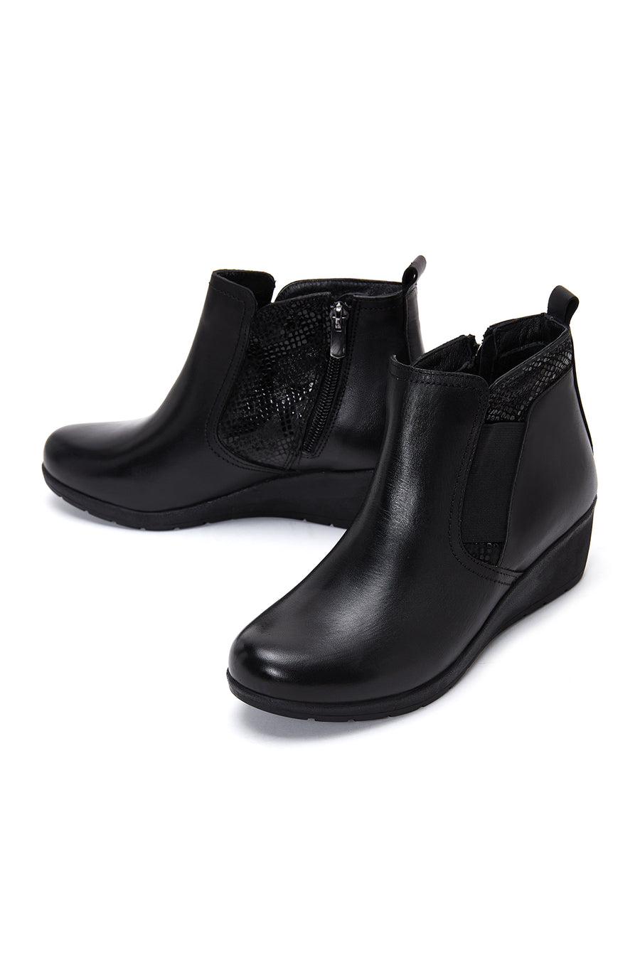 Women's Black Leather Wedge Heel Boots
