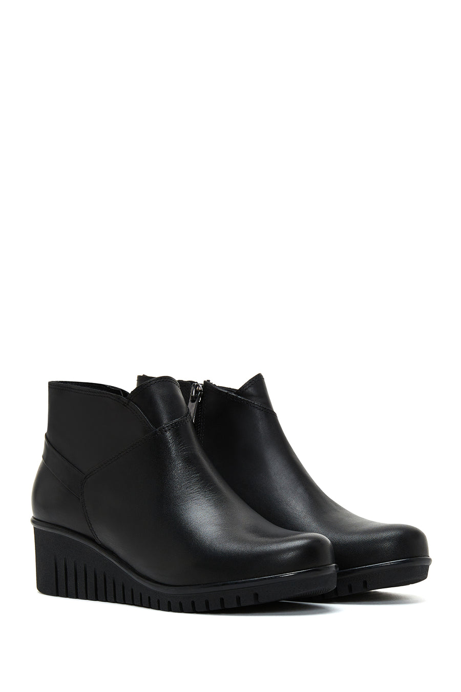 Women's Black Leather Wedge Heel Boots
