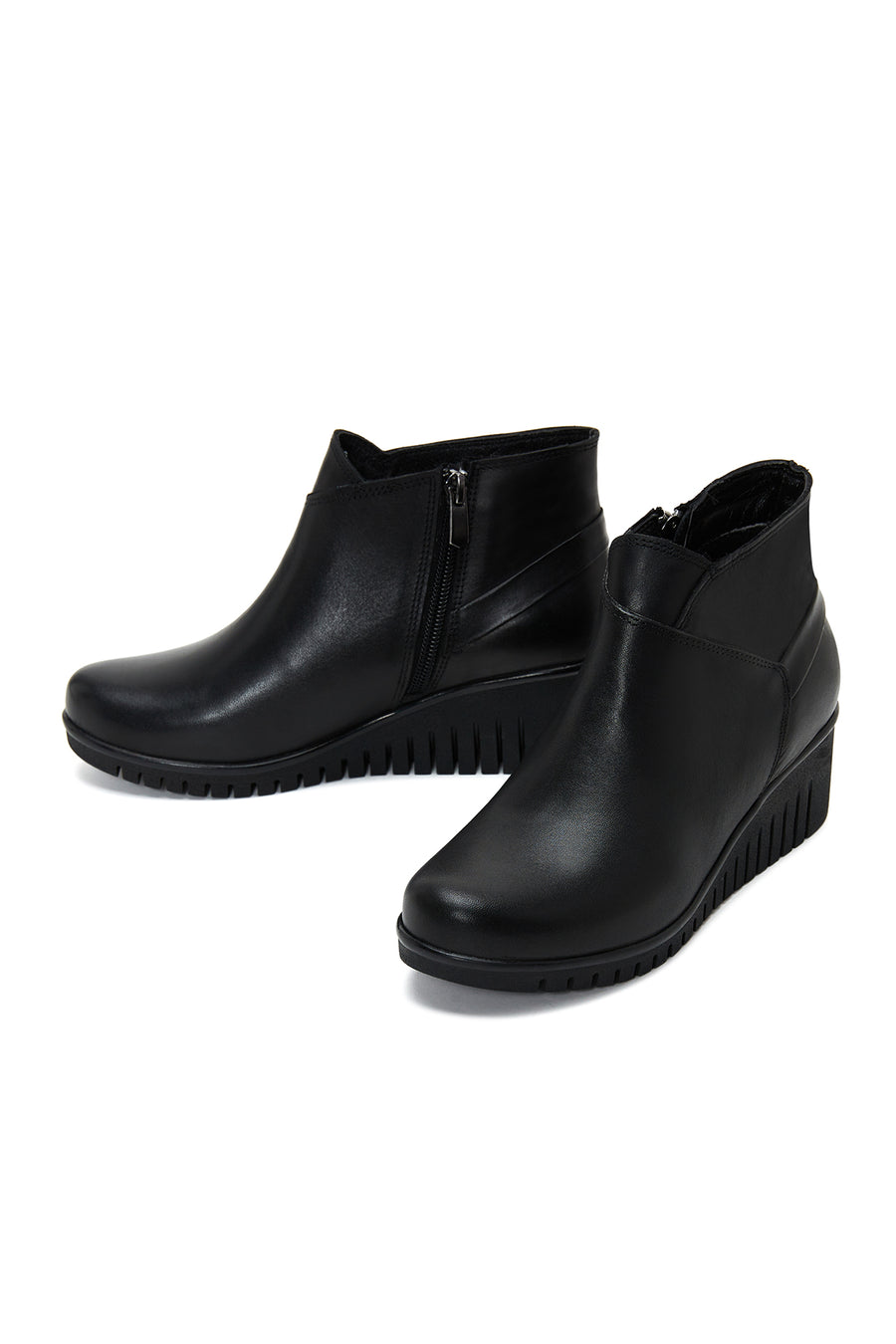 Women's Black Leather Wedge Heel Boots
