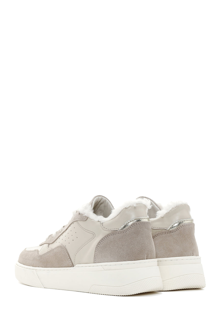 Kadın Bej Kalın Tabanlı Kürklü Deri Sneaker