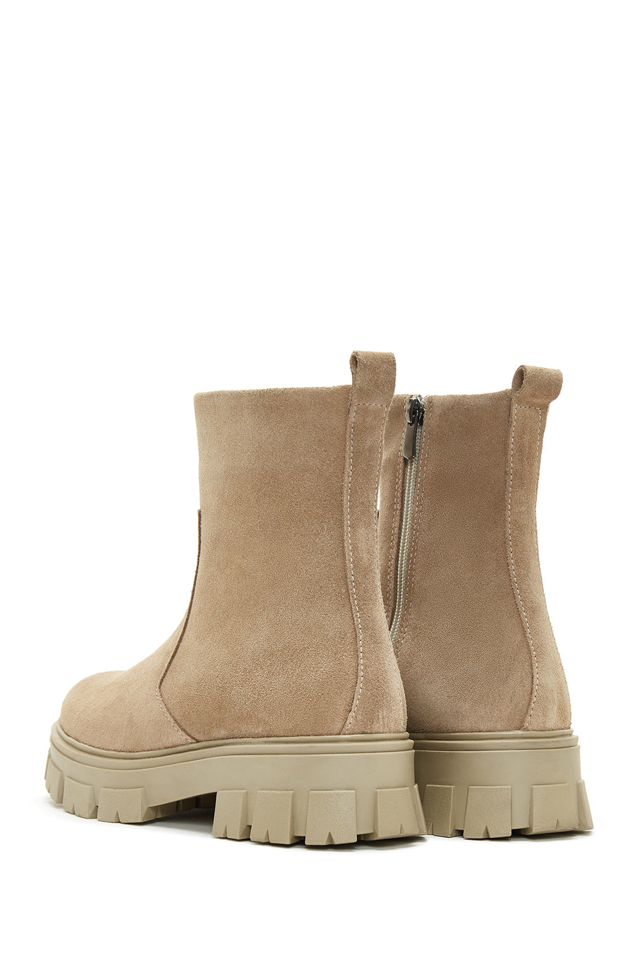 Women's Beige Zippered Thick Soled Suede Leather Boots