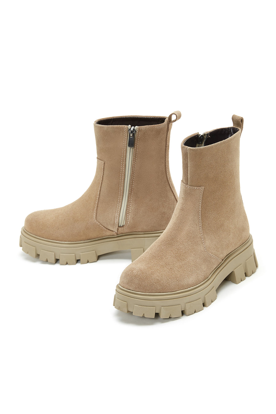 Women's Beige Zippered Thick Soled Suede Leather Boots