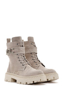 Women's Beige Thick Soled Suede Leather Zippered Boots | Derimod