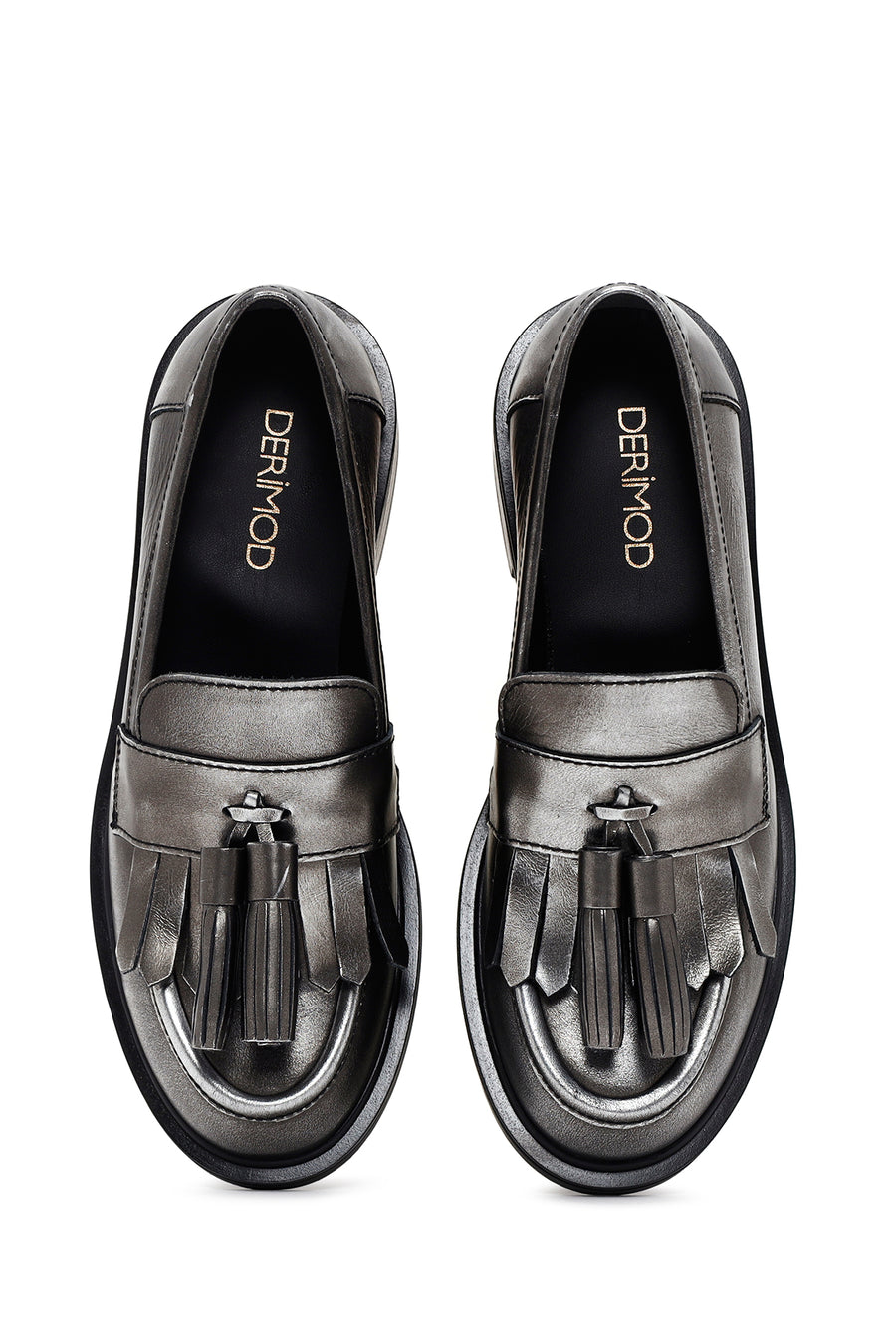 Kadın Gümüş Deri Püsküllü Maskülen Loafer