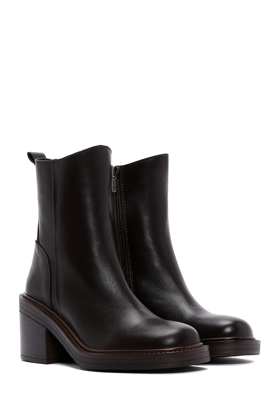 Women's Brown Leather Zippered Heeled Boots