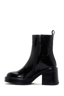 Women's Black Patent Leather Zippered Casual Heeled Boots | Derimod