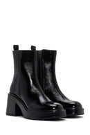 Women's Black Patent Leather Zippered Casual Heeled Boots | Derimod