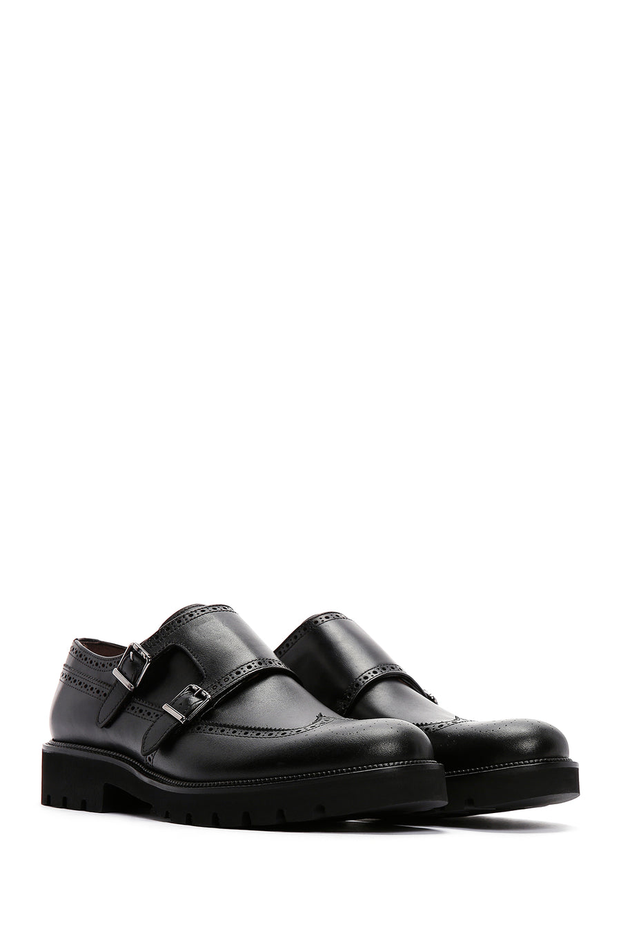 Men's Black Double Buckle Leather Casual Shoes