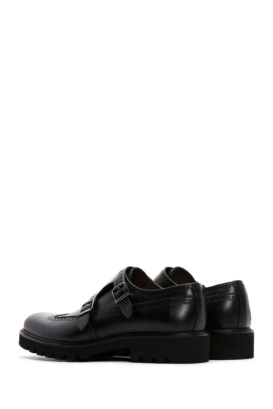 Men's Black Double Buckle Leather Casual Shoes