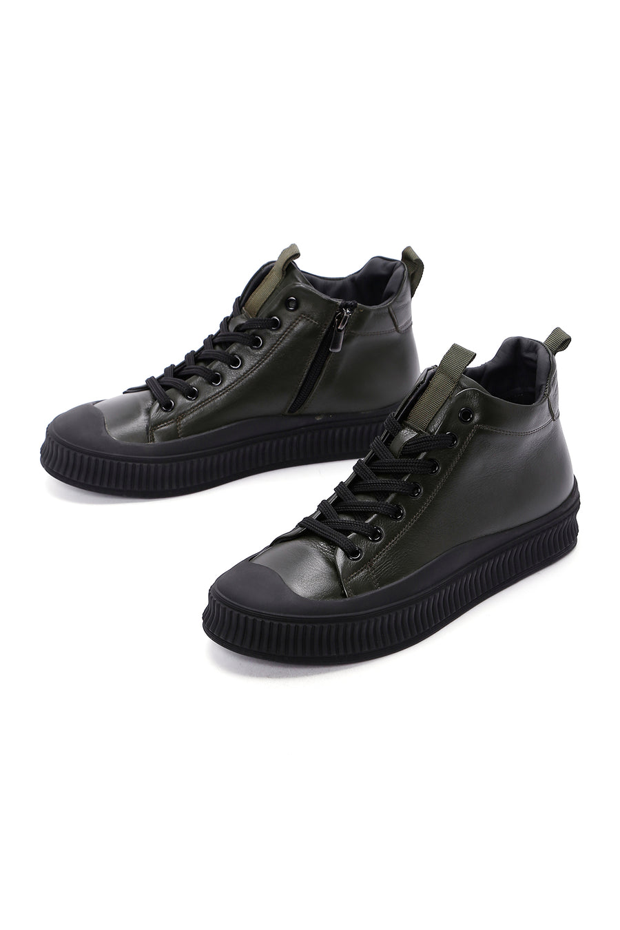 Erkek Haki Deri Bilekli Sneaker