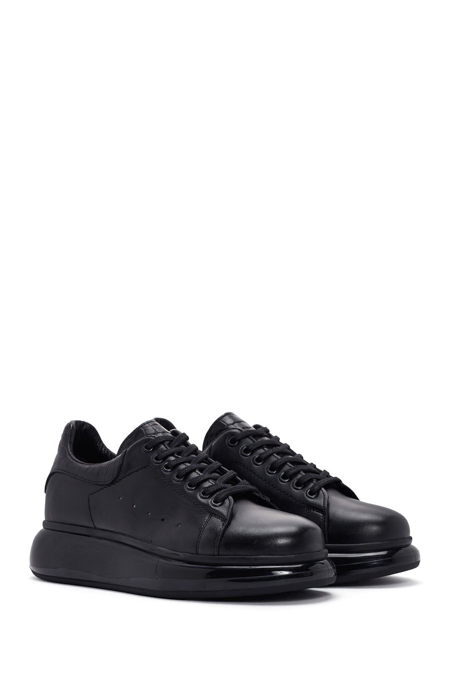 Erkek Siyah Bağcıklı Kalın Tabanlı Deri Sneaker