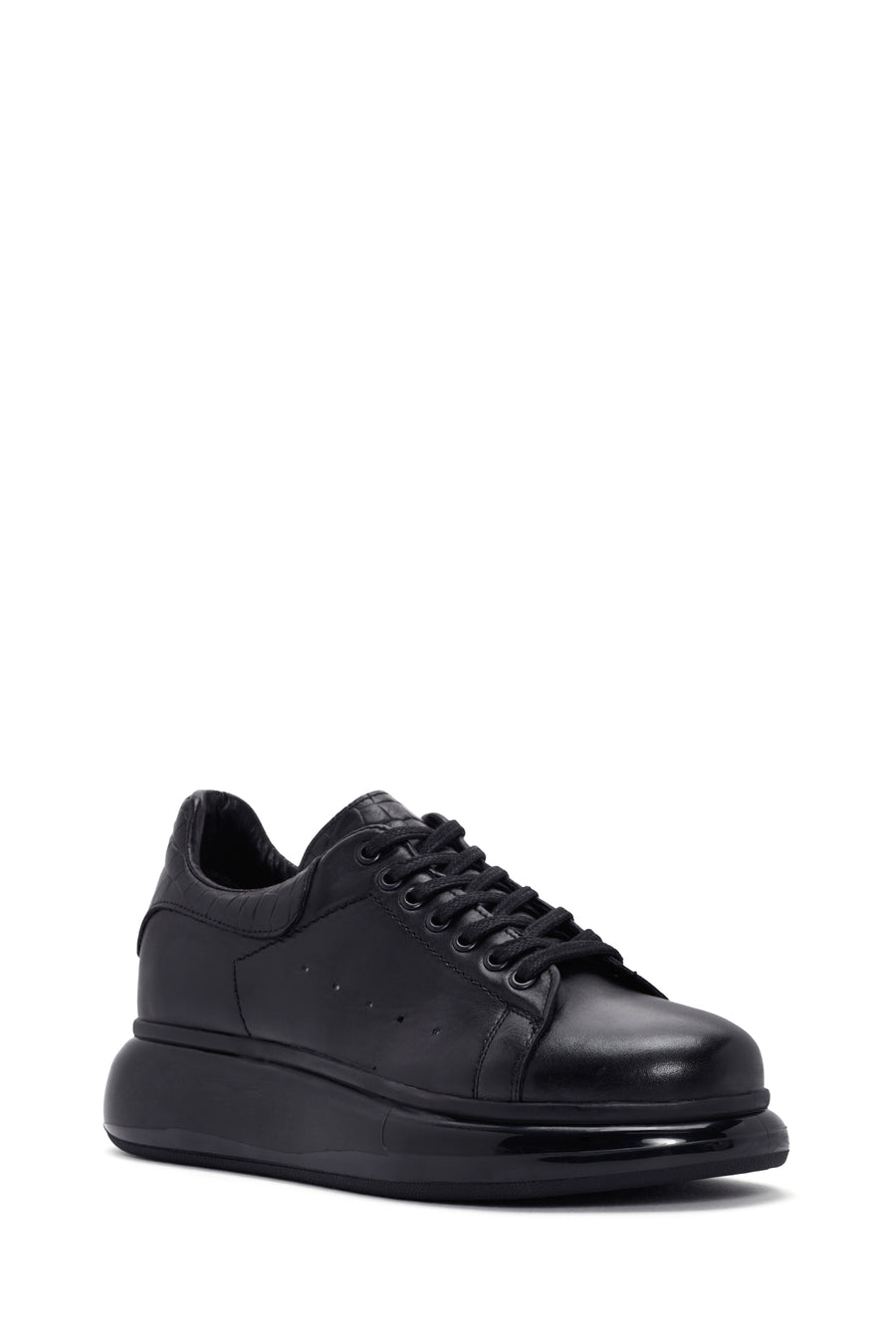 Erkek Siyah Bağcıklı Kalın Tabanlı Deri Sneaker