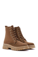 Women's Tan Suede Thick Soled Zippered Boots | Derimod