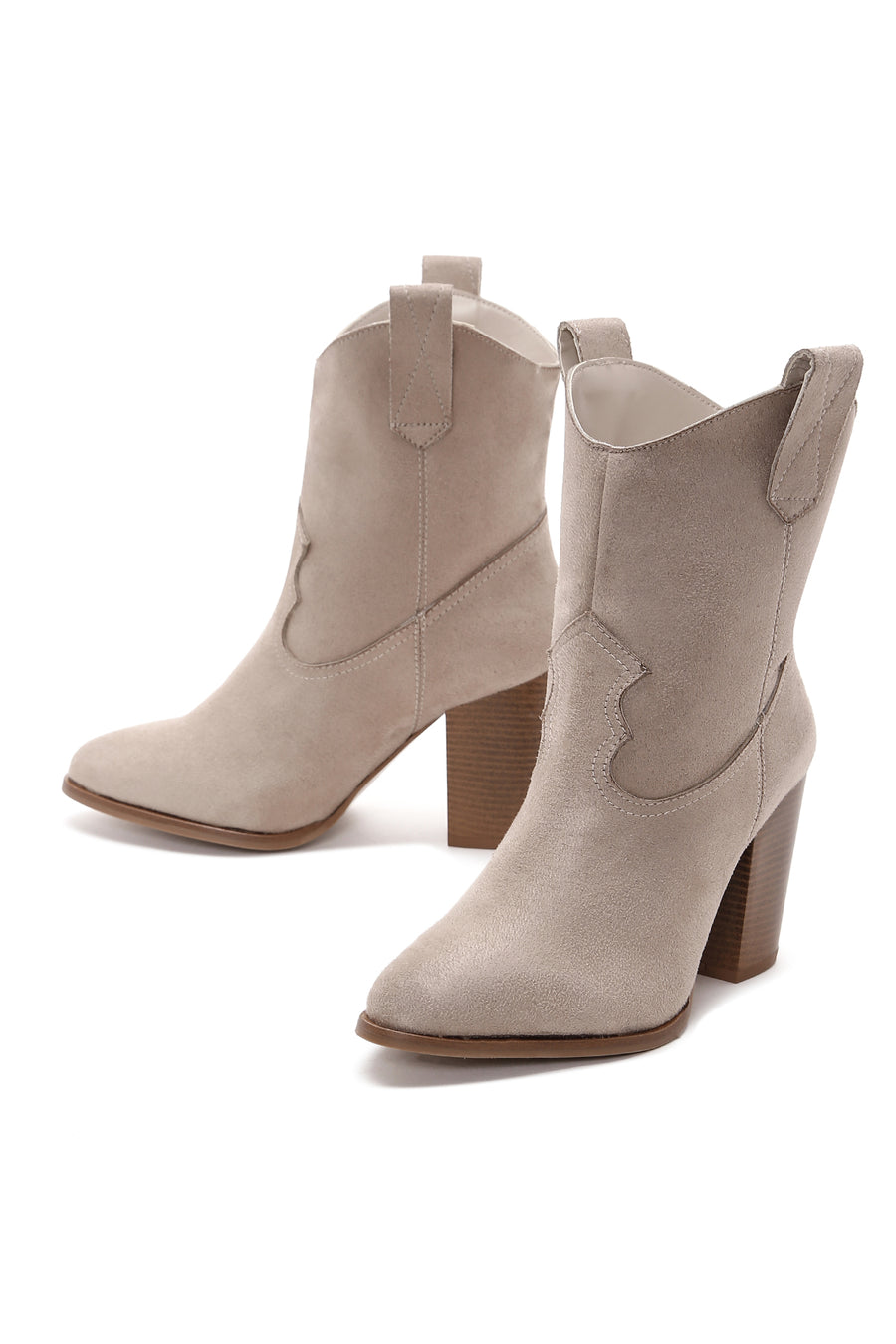 Women's Beige Suede Heeled Cowboy Boots