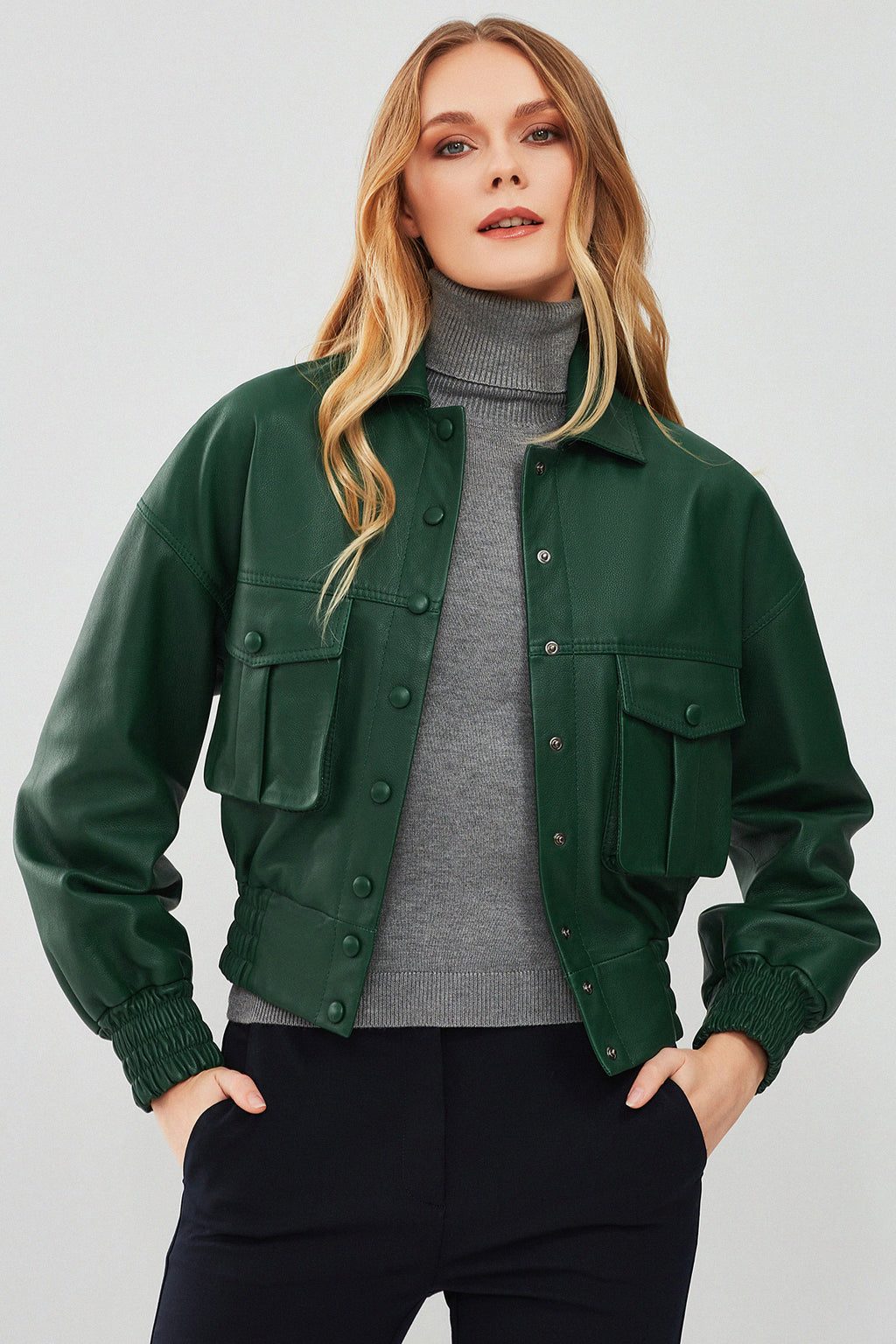 Chloe Kadın Yeşil Oversize Kısa Deri Mont