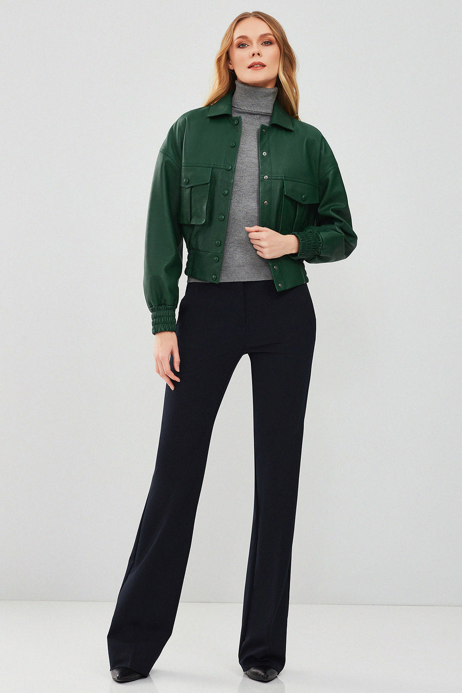 Chloe Kadın Yeşil Oversize Kısa Deri Mont