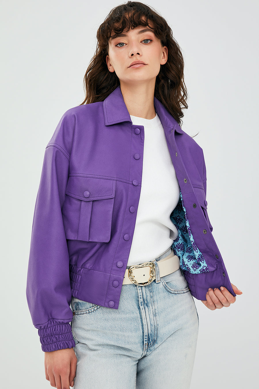 Chloe Kadın Mor Oversize Kısa Deri Mont