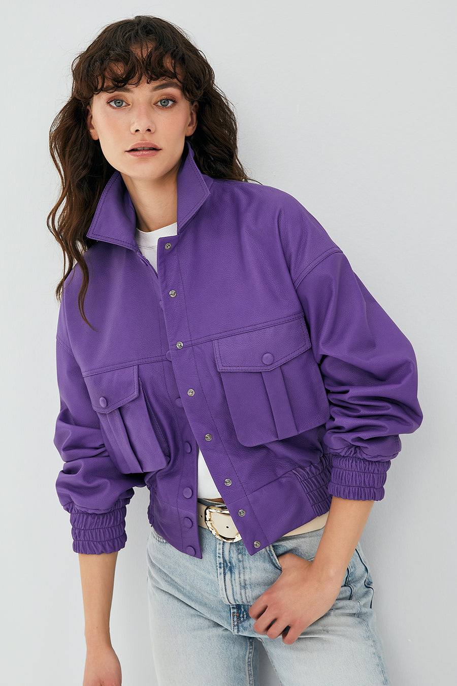 Chloe Kadın Mor Oversize Kısa Deri Mont