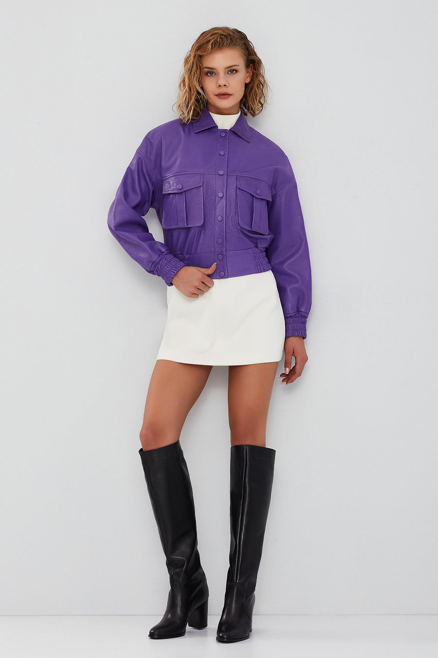Chloe Kadın Mor Oversize Kısa Deri Mont