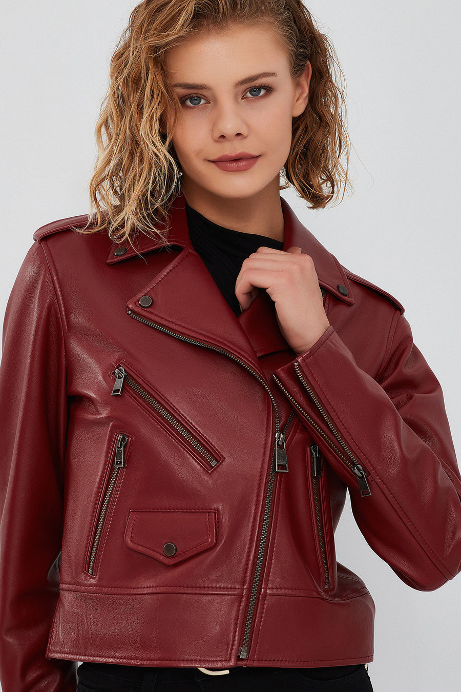 New Look Kadın Bordo Biker Ceket