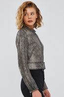 Zoey Kadın Gri Vintage Kısa Deri Mont | Derimod