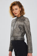 Zoey Kadın Gri Vintage Kısa Deri Mont | Derimod