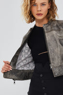 Zoey Kadın Gri Vintage Kısa Deri Mont | Derimod