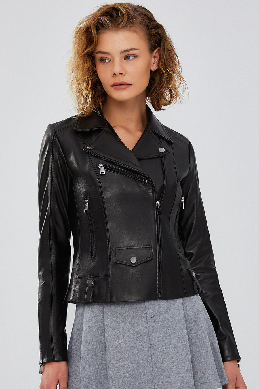 Bella Women's Black Slim-Fit Biker Leather Jacket 23WGD5106U4 | Derimod